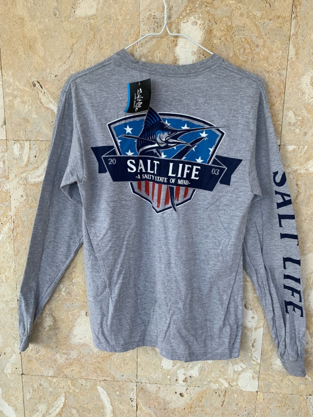 Salt Life Long Sleeve Pocket Tee in Heather Gray with Navy Logo